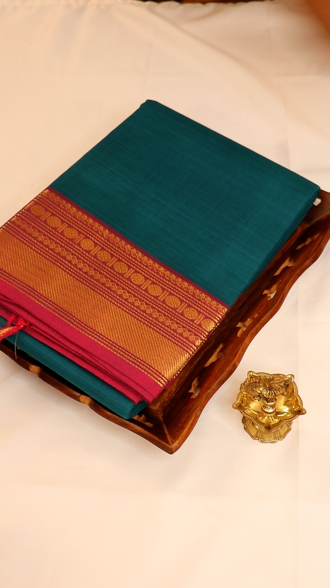Traditional Kanchi Cotton - Peacock Teal with Deep Pink & Gold Zari - TKCEQ039