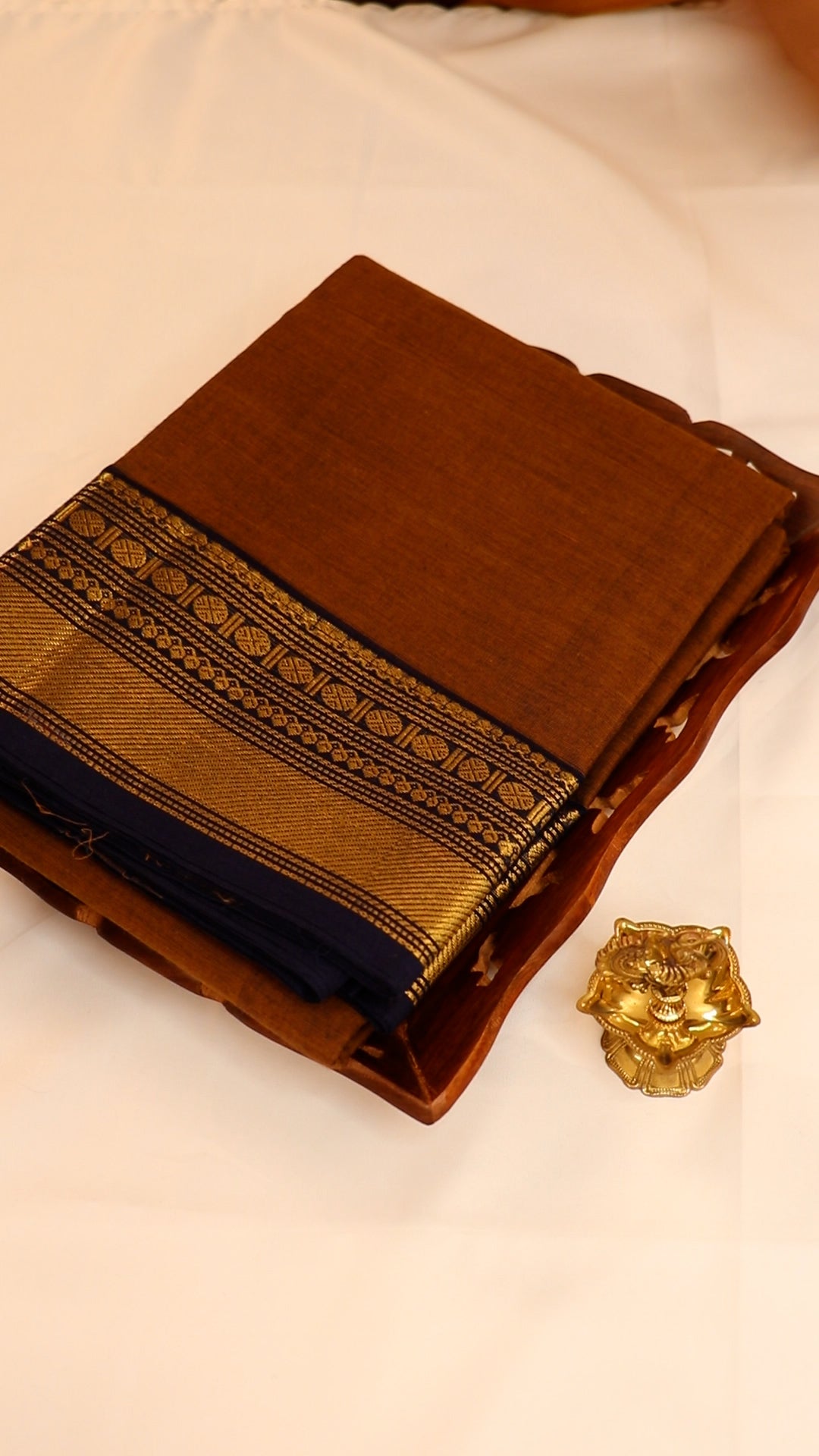 Traditional Kanchi Cotton - Warm Copper Brown with Deep Navy Blue & Gold Zari - TKCEQ052