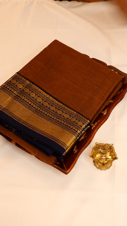 Traditional Kanchi Cotton - Warm Copper Brown with Deep Navy Blue & Gold Zari - TKCEQ052