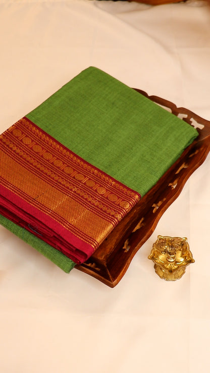 Traditional Kanchi Cotton -  Bright Parrot Green with Deep Magenta Pink & Gold Zari  - TKCEQ048