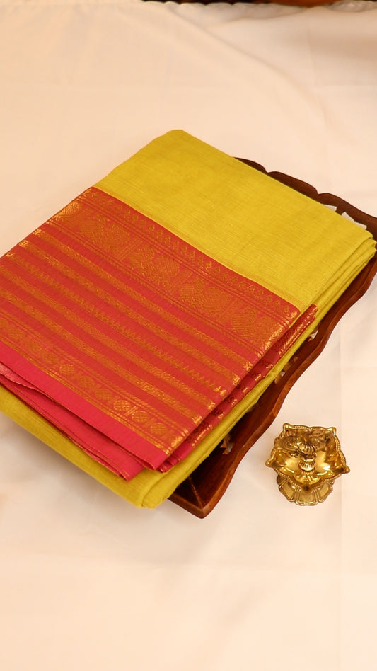Traditional Kanchi Cotton - Bright Lemon Yellow with Pink & Gold Zari - TKCEQ043