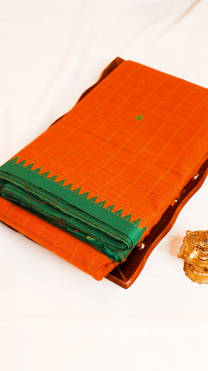 Traditional Kanchi Cotton - Bright Carrot Orange with Bottle Green - TKCEQ026