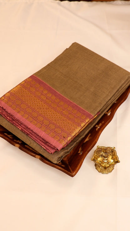Traditional Kanchi Cotton - Steel Grey with Deep Pink - TKCEQ022