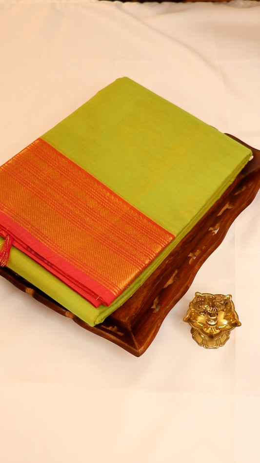 Traditional Kanchi Cotton -  Bright Lemon Yellow with Pink & Gold Zari  - TKCEQ050