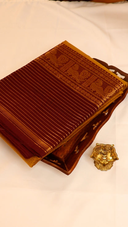 Traditional Kanchi Cotton - Warm Mustard Yellow with Deep Maroon & Gold Zari - TKCEQ045