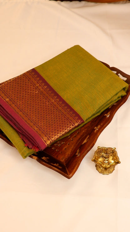 Traditional Kanchi Cotton - Olive Lime Green with Magenta Purple & Gold Zari - TKCEQ030