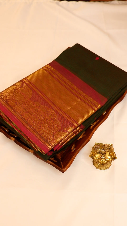 Traditional Kanchi Cotton - Earthy Olive Green with Rani Pink - TKCEQ004