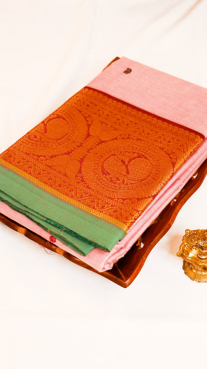 Traditional Kanchi Cotton - Soft Coral Pink with Bottle Green Selvage & Deep Maroon - TKCEQ025