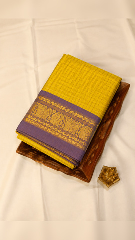 Traditional Kanchi Cotton - Warm Mustard Yellow with Lavender Purple - TKCEQ007