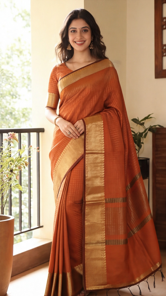 Banarasi Soft Silk Saree - Rust Orange