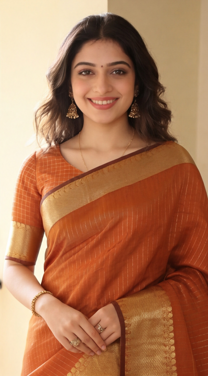 Banarasi Soft Silk Saree - Rust Orange