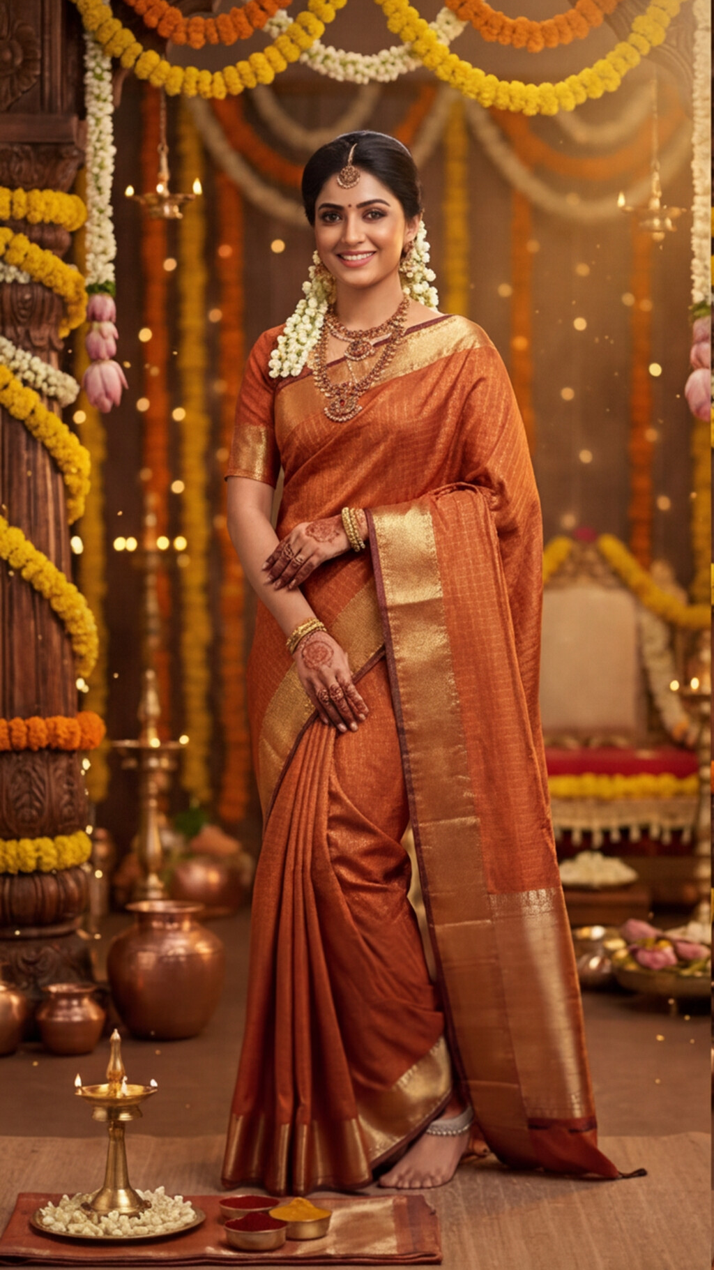 Banarasi Soft Silk Saree - Rust Orange