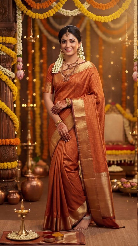 Banarasi Soft Silk Saree - Rust Orange