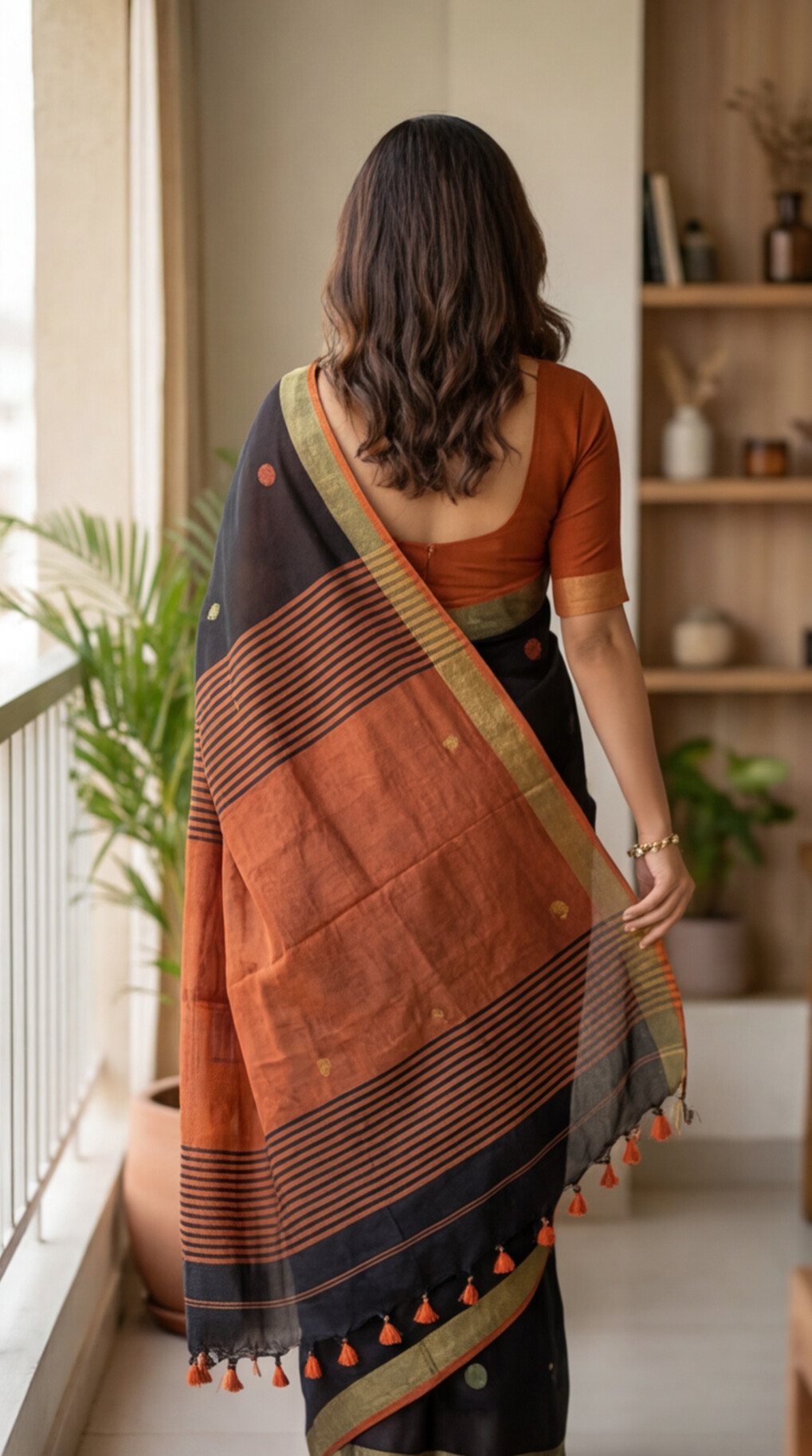 Khadi Balls Saree - Black with Orange