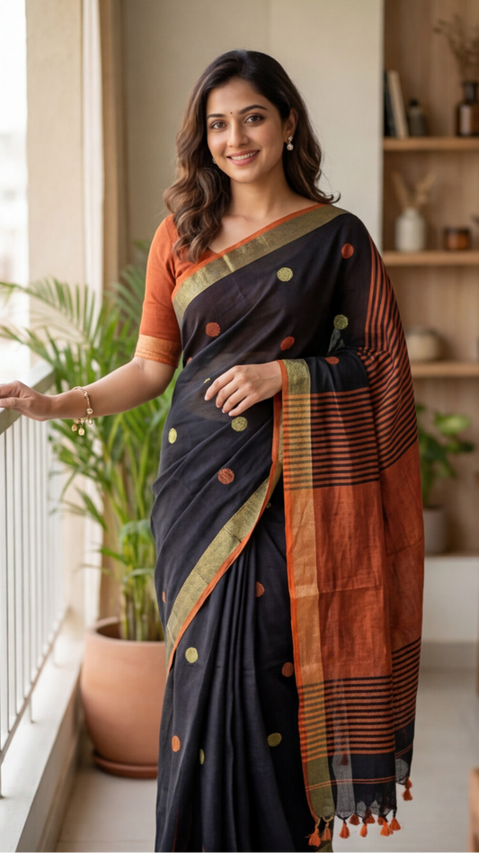 Khadi Balls Saree - Black with Orange