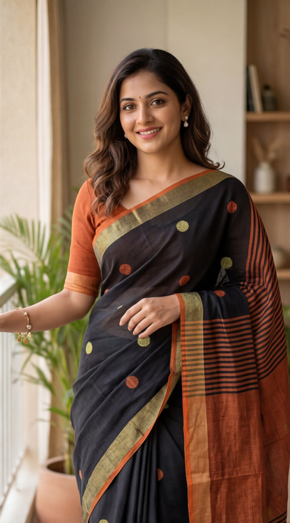 Khadi Balls Saree - Black with Orange
