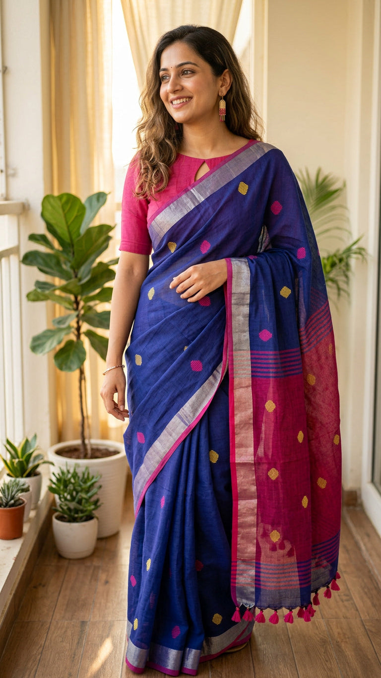 Khadi Balls Saree - Blue with Pink