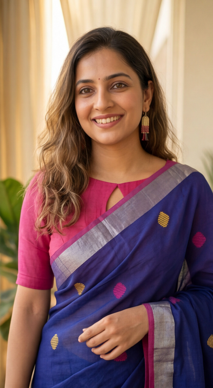 Khadi Balls Saree - Blue with Pink