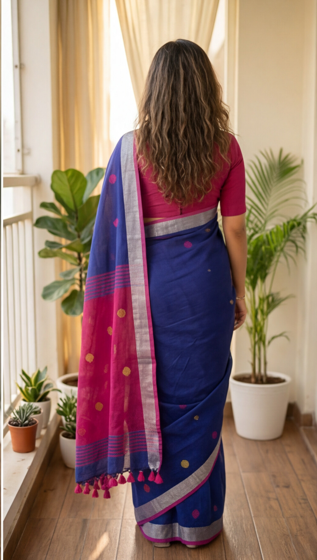 Khadi Balls Saree - Blue with Pink