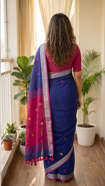Khadi Balls Saree - Blue with Pink