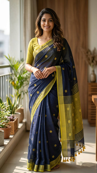 Khadi Balls Saree - Dark Blue with Green