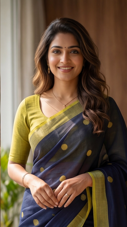 Khadi Balls Saree - Dark Blue with Green