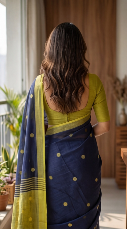 Khadi Balls Saree - Dark Blue with Green