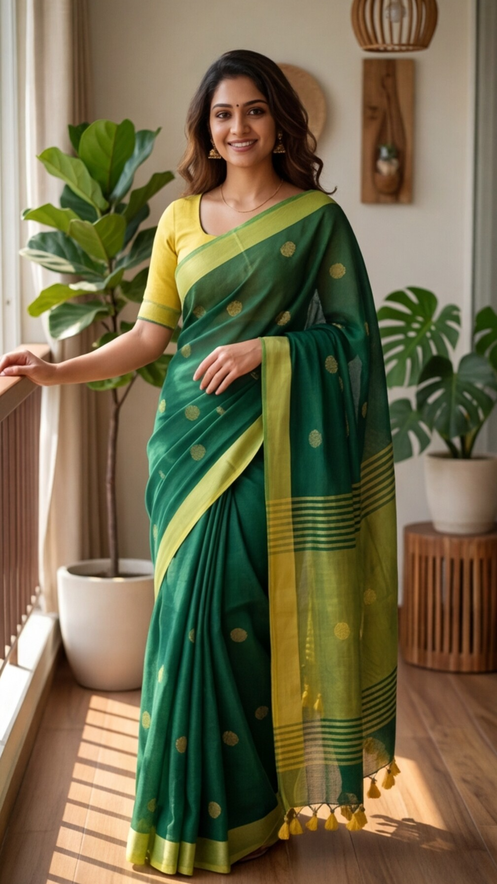 Khadi Balls Saree - Green with Yellow