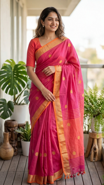 Khadi Balls Saree - Pink with Orange