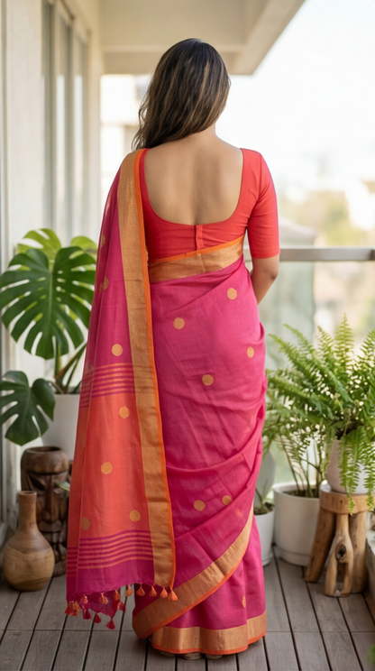 Khadi Balls Saree - Pink with Orange