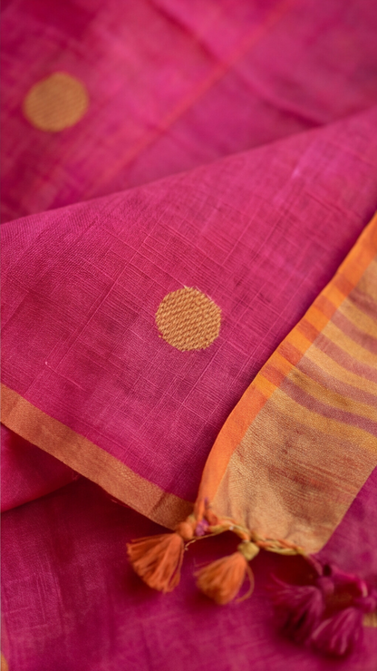 Khadi Balls Saree - Pink with Orange