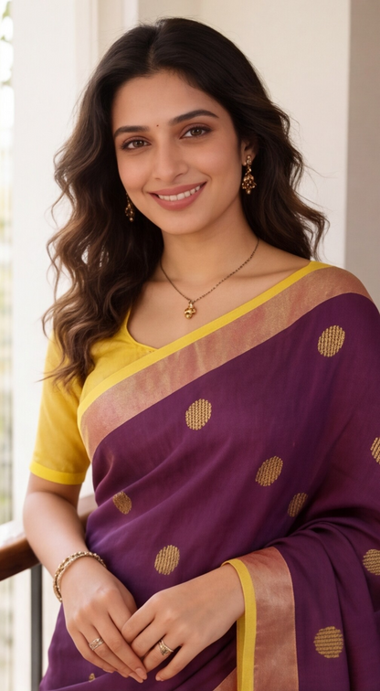 Khadi Balls Saree - Purple with Yellow
