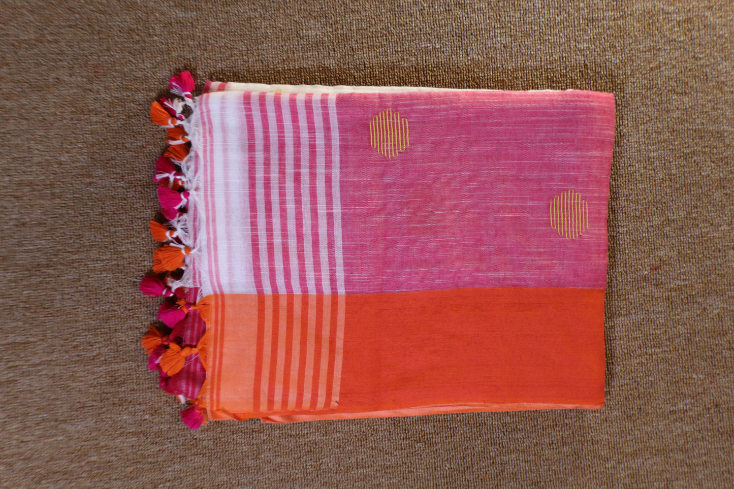 Khadi Balls Saree - White with Orange