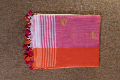 Khadi Balls Saree - White with Orange