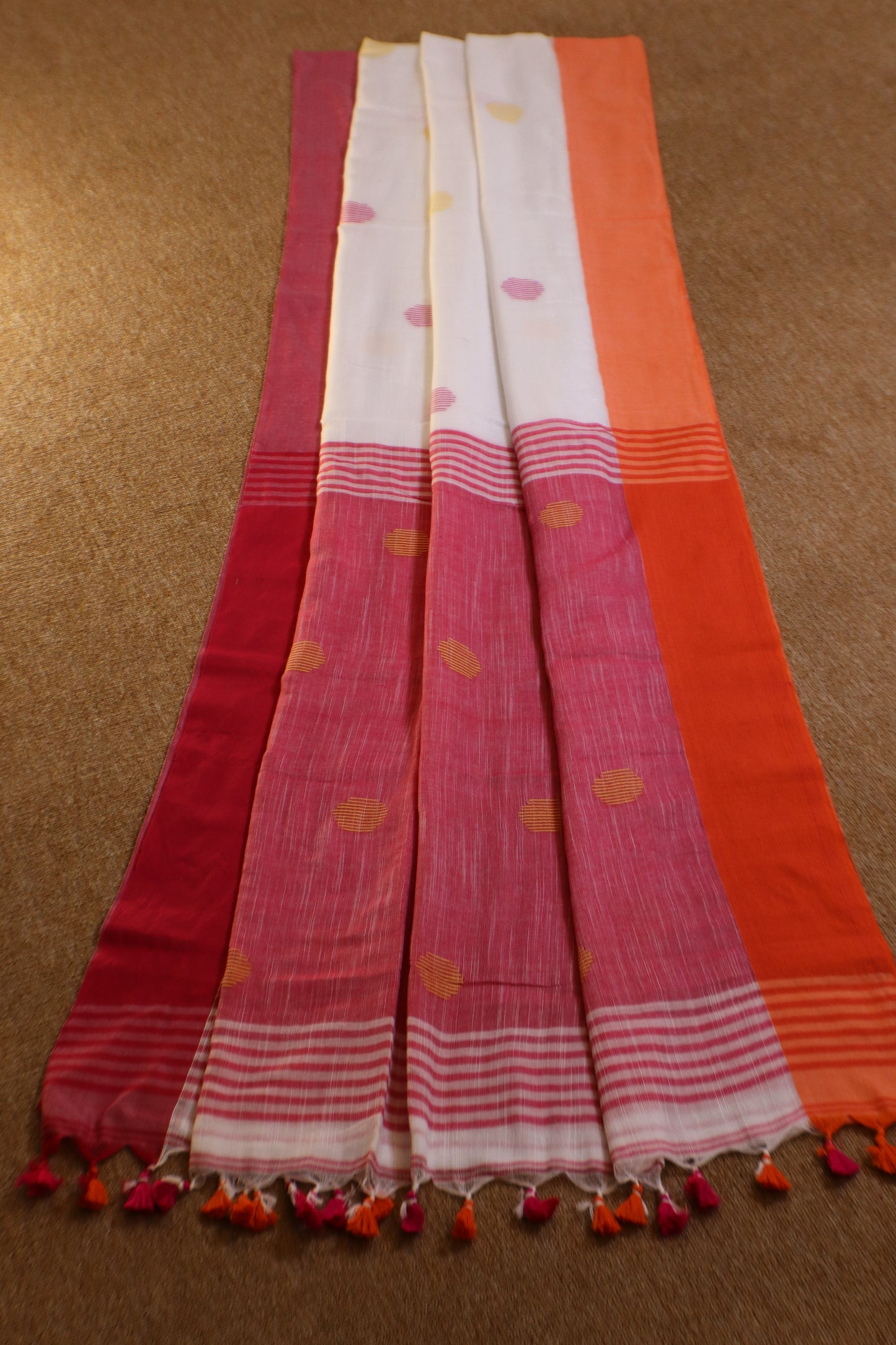 Khadi Balls Saree - White with Orange