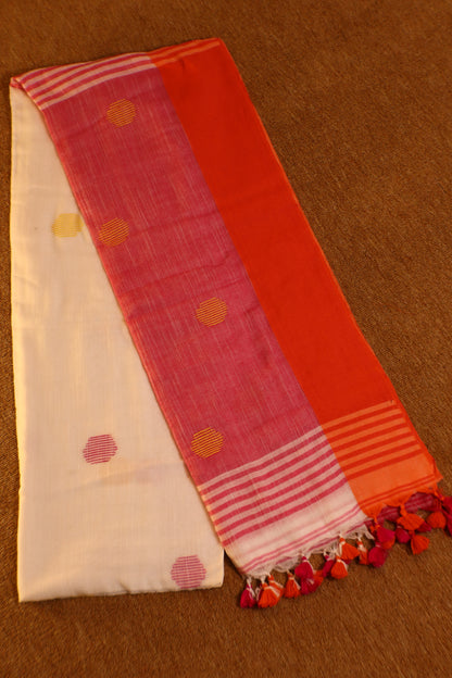 Khadi Balls Saree - White with Orange