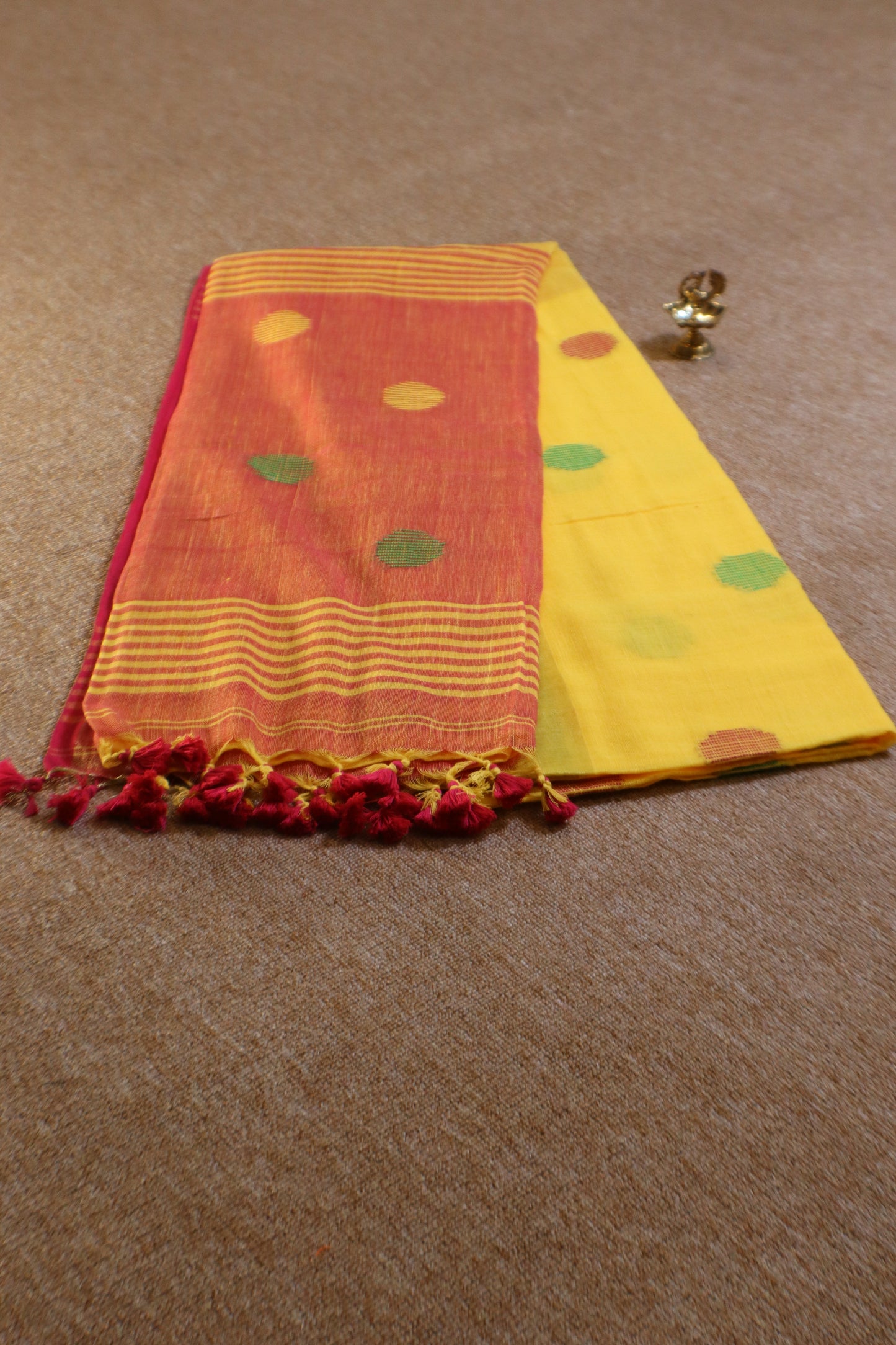 Khadi Balls Saree - Yellow with Pink