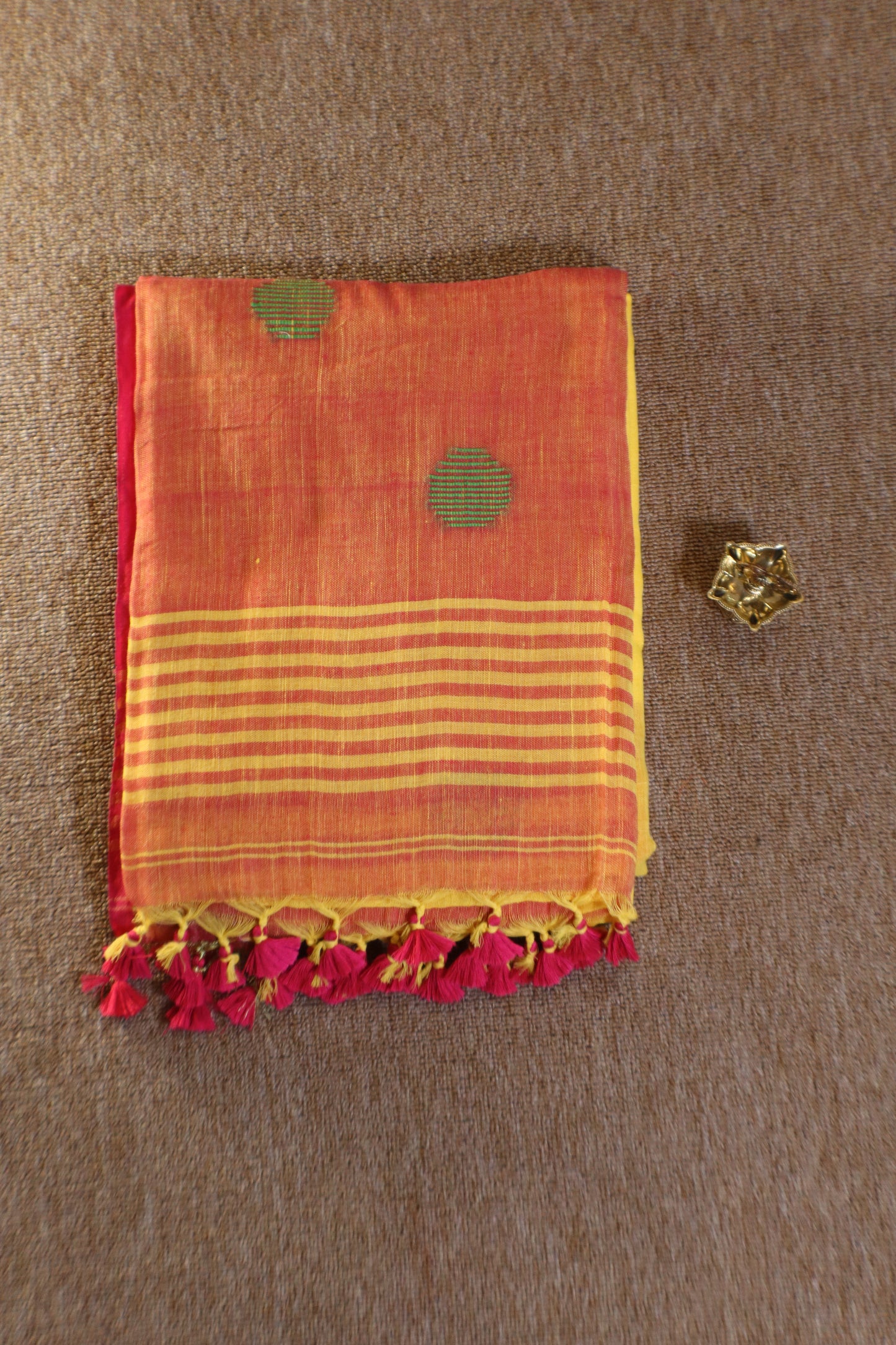 Khadi Balls Saree - Yellow with Pink
