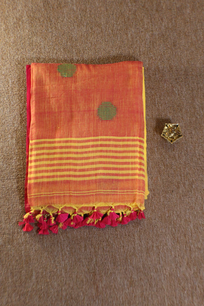 Khadi Balls Saree - Yellow with Pink