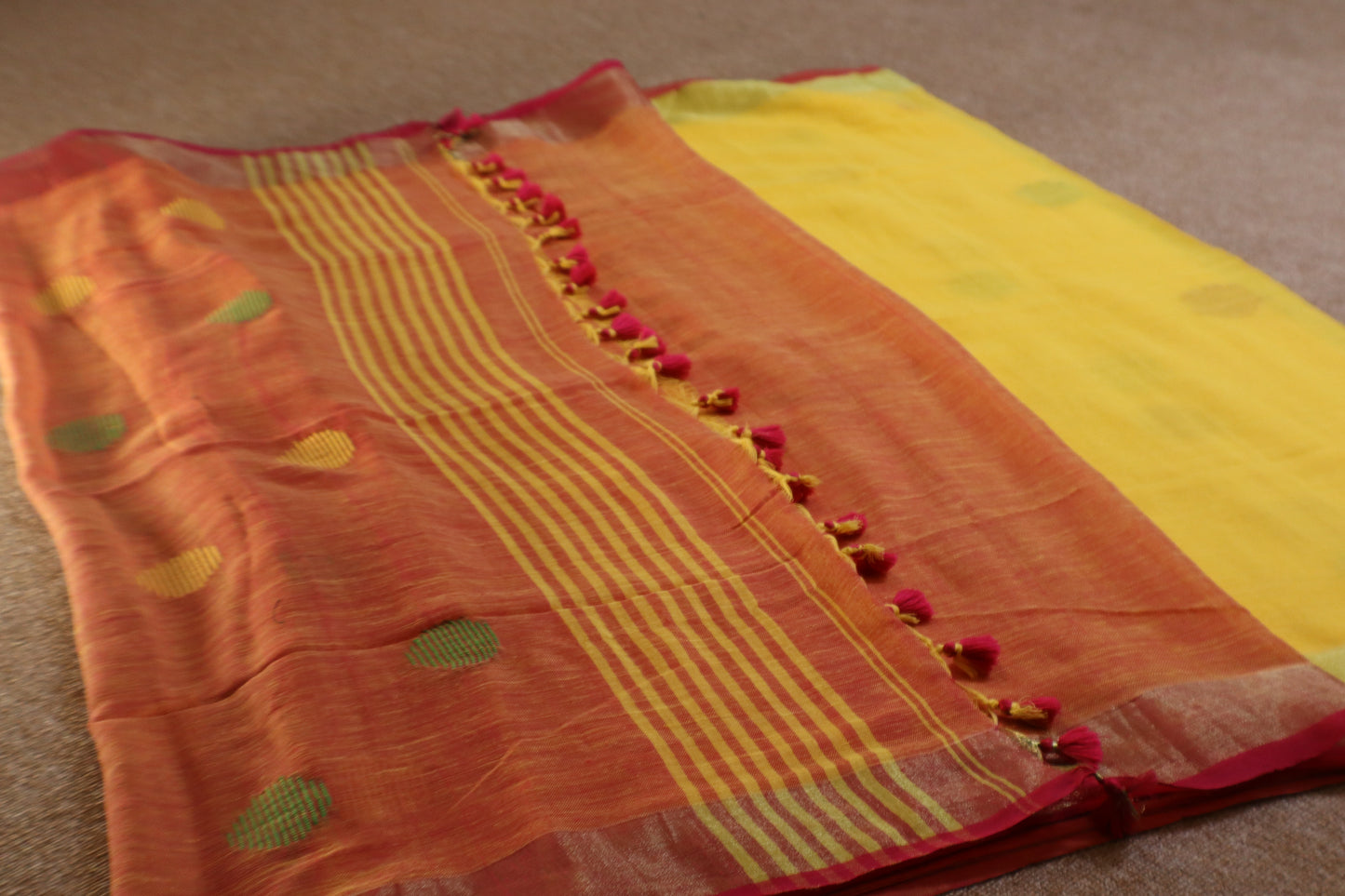 Khadi Balls Saree - Yellow with Pink