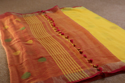 Khadi Balls Saree - Yellow with Pink