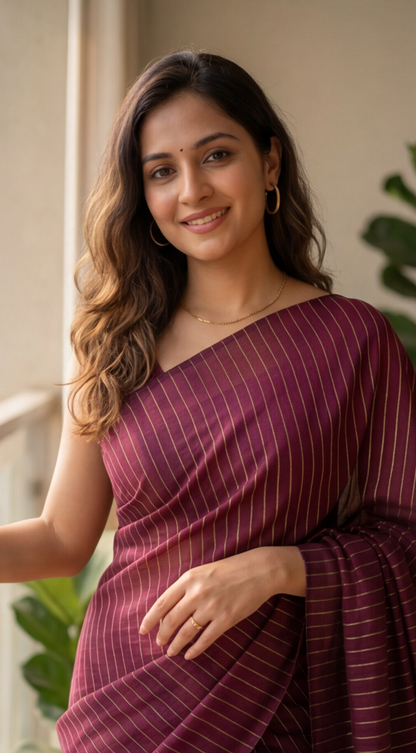 Khadhi Stripes Cotton Saree - Maroon