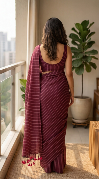 Khadhi Stripes Cotton Saree - Maroon