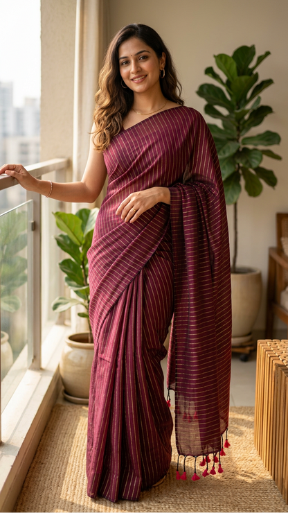 Khadhi Stripes Cotton Saree - Maroon