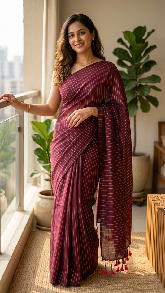 Khadhi Stripes Cotton Saree - Maroon