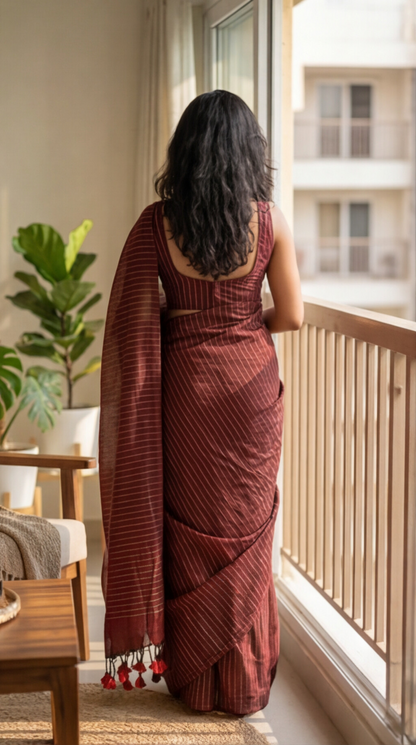 Khadhi Stripes Cotton Saree - Red