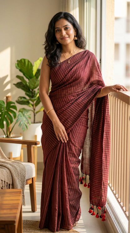 Khadhi Stripes Cotton Saree - Red