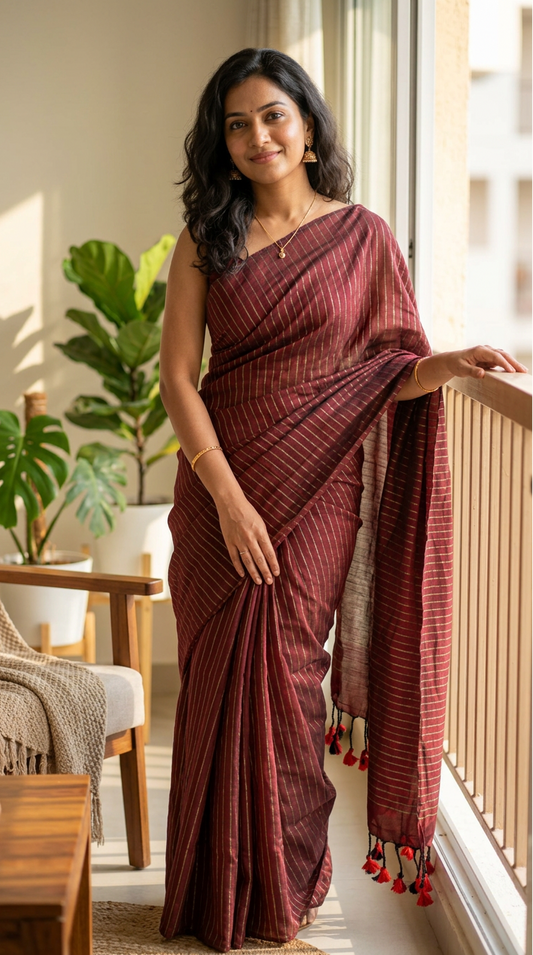 Khadhi Stripes Cotton Saree - Red