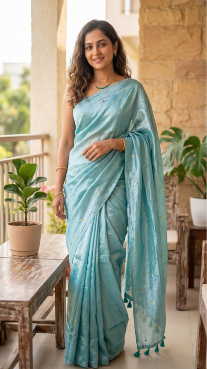 Khadi Tissue Saree - Ice Blue