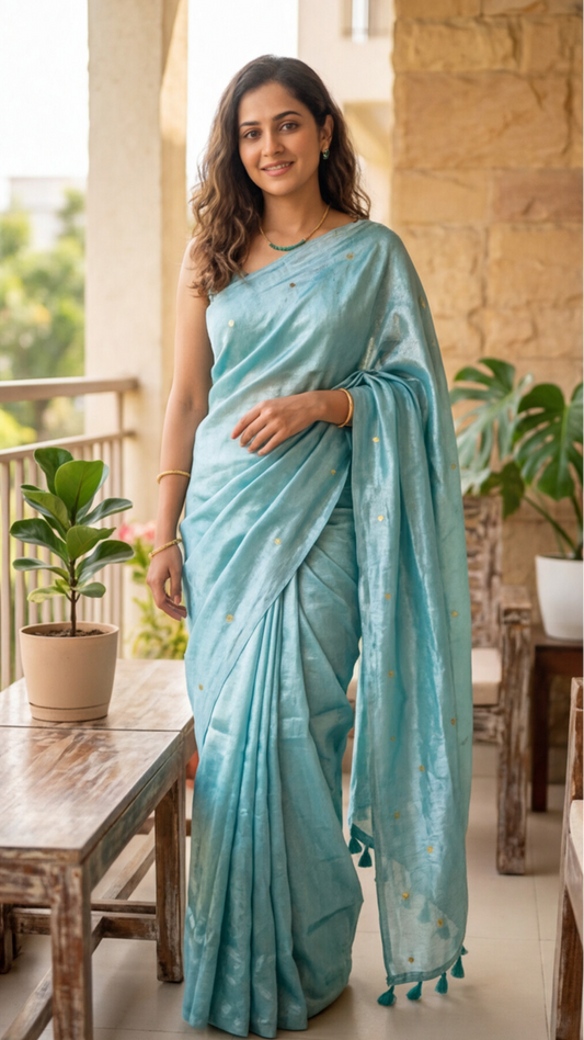 Khadi Tissue Saree - Ice Blue - KTEQ007